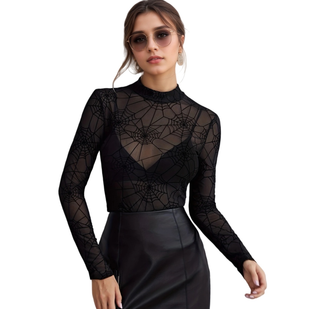 Elegant Long Sleeved Mesh Sheer T-Shirt Womens High Neck Black Slim Basic Top